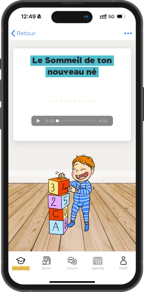 Écoute d’un contenu audio sur le sommeil du nouveau-né dans Cool Baby Academy