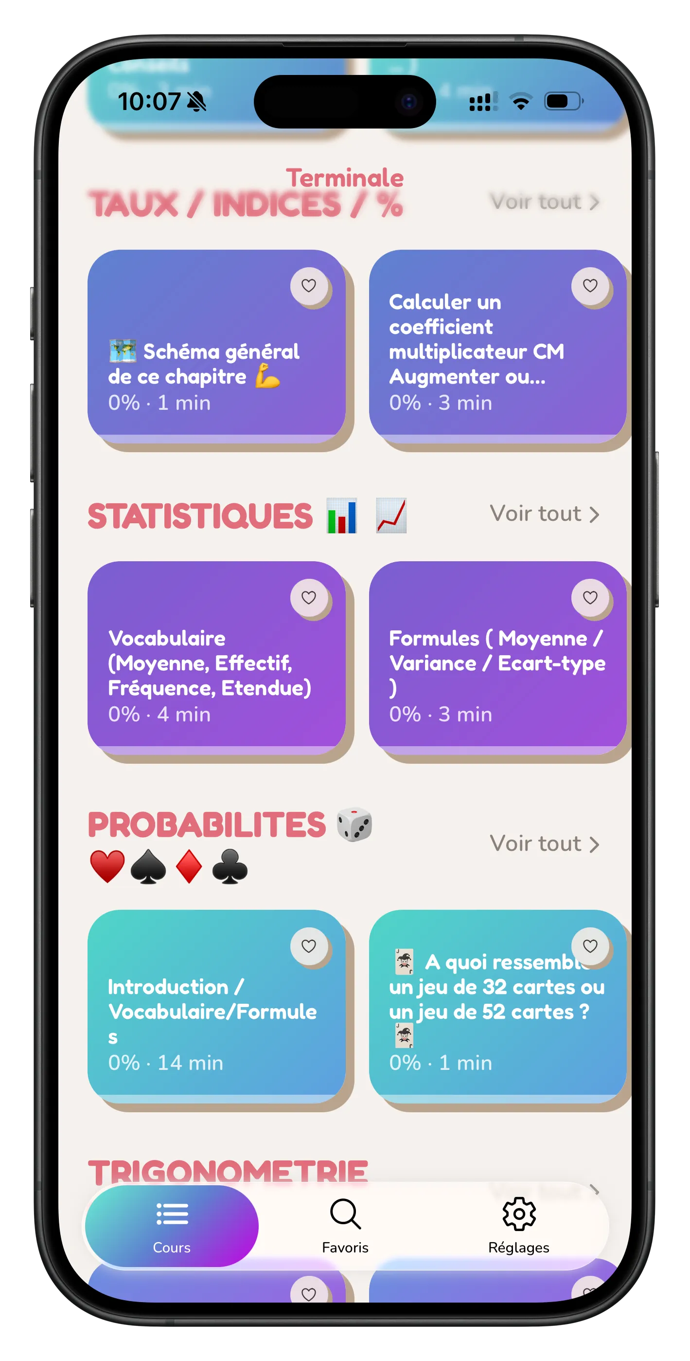 Catalogue des cours de Terminale dans l’application Kees Maths