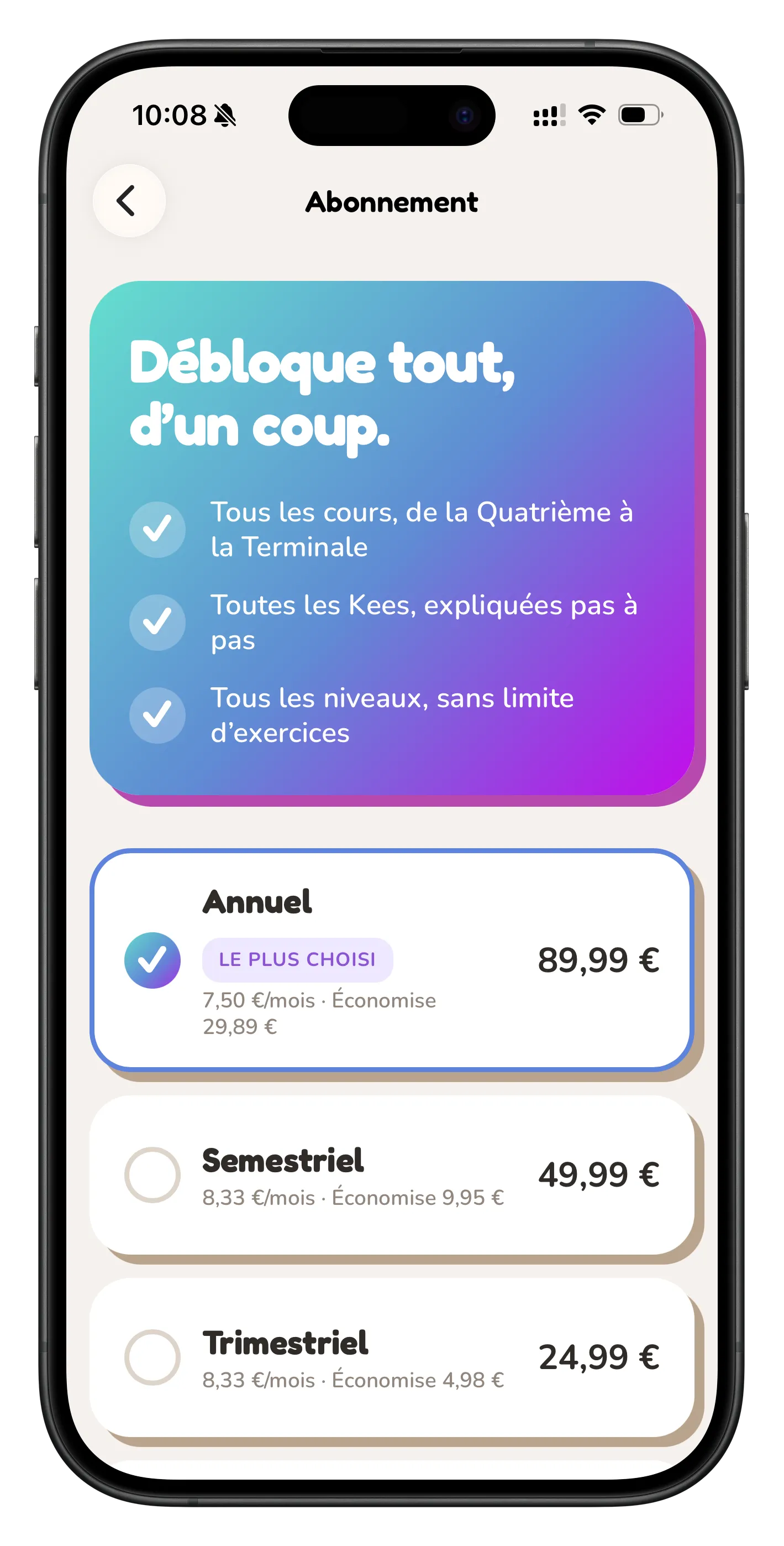 Écran des offres d’abonnement de Kees Maths