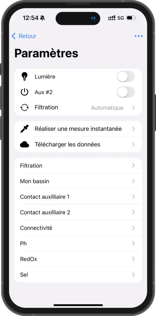 Réglages de la filtration, de l’éclairage et des sondes dans l’application Oklyn